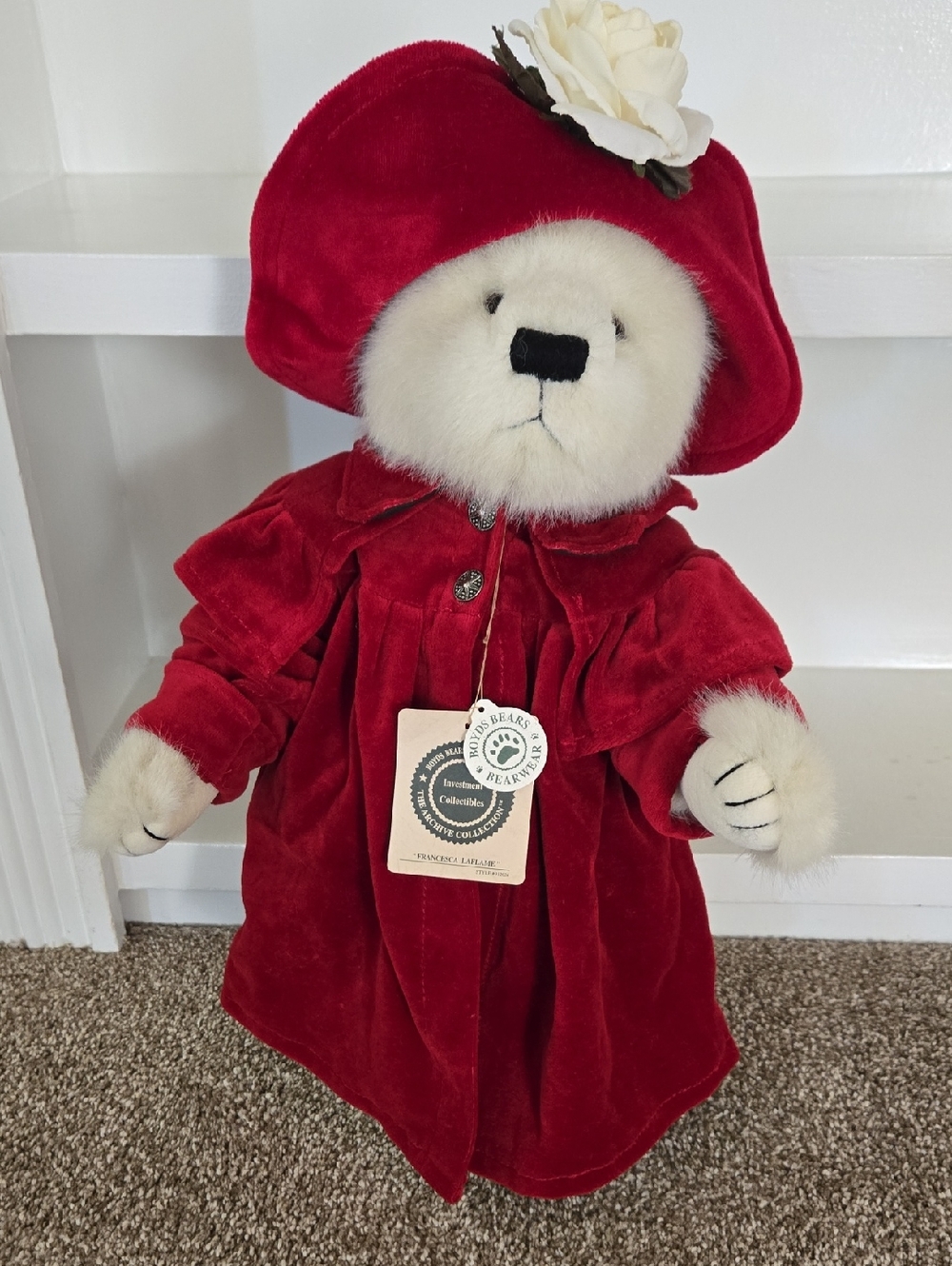 Boyds Bears "Francesca LaFlame" in Red Velvet Coat & Hat with White Flower